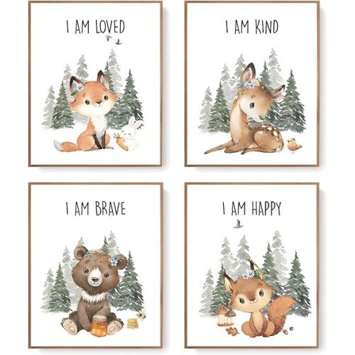 Woodland Nursery Animals Wall Art Posters, Nursery Art, I am Kind I am Brave, Forest Nursery Decor, Christian Posters for Kids, Cute Forest Animals Fox Deer Bear Squirrel Decor for Nursery Baby Kids Bedroom, Gifts for Kids 10x8 Inch Set of 4 Unframed