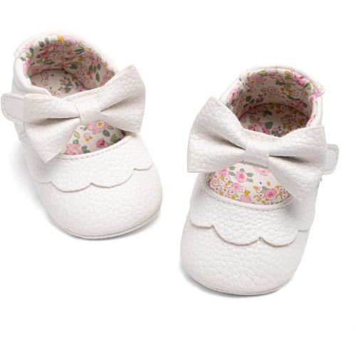 Meckior Newborn Baby Girls White Dress Shoes Infant Bowknot Soft Sole Mary Jane Moccasins Baptism Christening Crib Shoes Wedding Princess Flats 0-3 Months