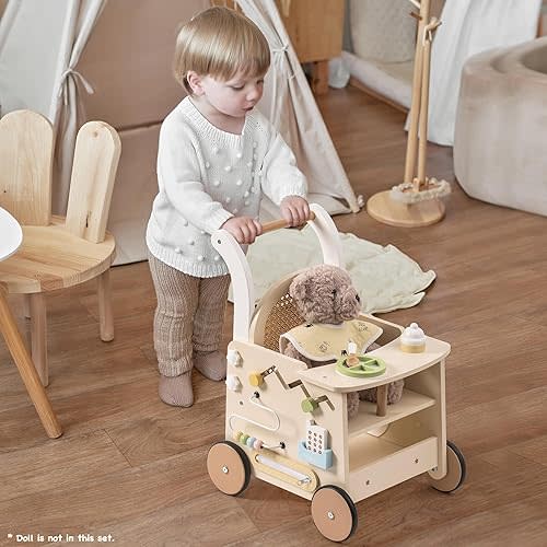 Wooden Baby Walker - Toddler Walking Activity Push Toys with Safety Brake, Baby Walker for Motor Skills (Rattan Doll Walker)