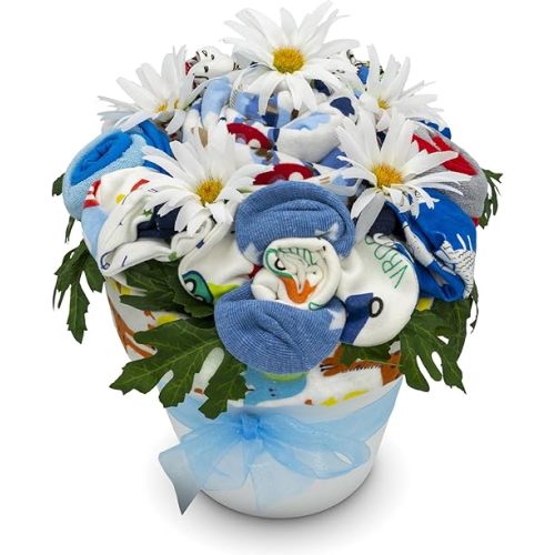 Deluxe Baby Blossom Clothing Bouquet | Newborn Baby Boy Gift Set | Unique Baby Gift Basket for Expecting Moms | New Baby Gift Basket | Blue Baby Gift Set | Baby Boy Outfits | Nikki's Gift Baskets