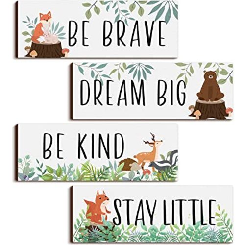 Yookeer 4 Pieces Woodland Nursery Decor Safari wall art Be kind brave curious Cute Jungle Animal Nursery Decor for Bedroom living room home 11x 3.9 Inches(White Background)