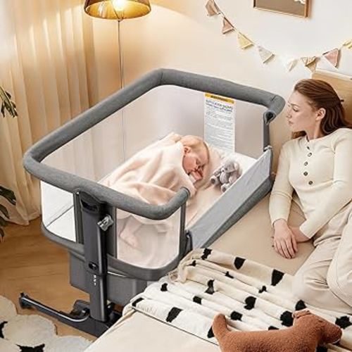 Baby Bassinet,4 in 1 Bassinet Bedside Sleeper with Rocking Mode, 6 Adjustable Height with Mosquito Net,Breathable Mesh, Storage Basket, Safety Straps, Easy Assembly & Folding