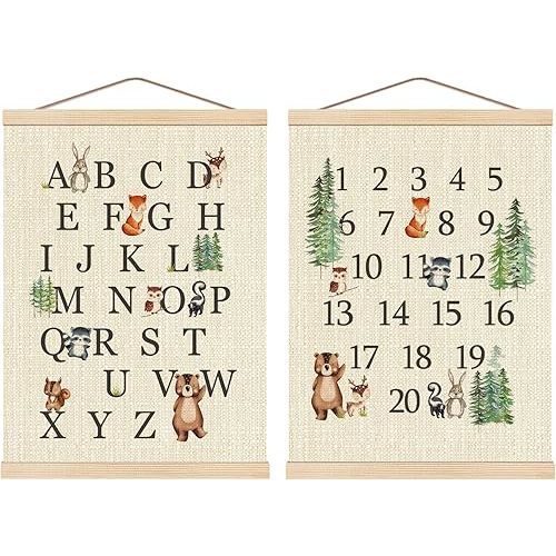 Boat Wades Alphabet Numbers Nursery Poster Hanger Frame Set of 2, Cute Animal ABC 123 Educational Wall Art Hanging Banner Decor for Nursery Kids Room Playroom Classroom Homeschool, 12x16