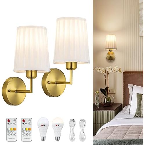 Battery Operated Wall Sconces, Pleated Fabric Rechargeable Wall Sconce Decor Set of 2 Wireless Wall Lights Wireless Battery Powered Sconces Dimmable for Bedroom Living Room Gallery Gold