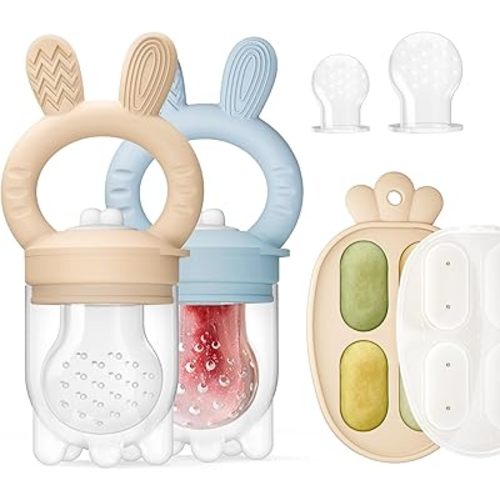 2 Packs Baby Fruit Feeder & Freezer Nibble Tray Combo, Push Pop Baby Food Feeder to Safely Introduce New Foods, Fresh & Frozen Food Silicone Feeder, 100% Food Grade, BPA Free (Caramel & Blue)