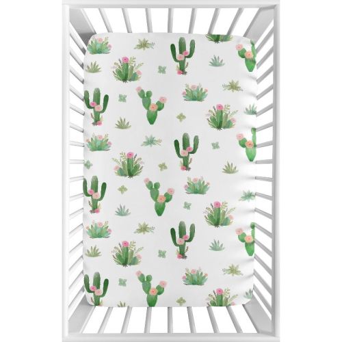 Sweet Jojo Designs Girl Baby Fitted Mini Crib Sheet Cactus Floral Pink Green And White