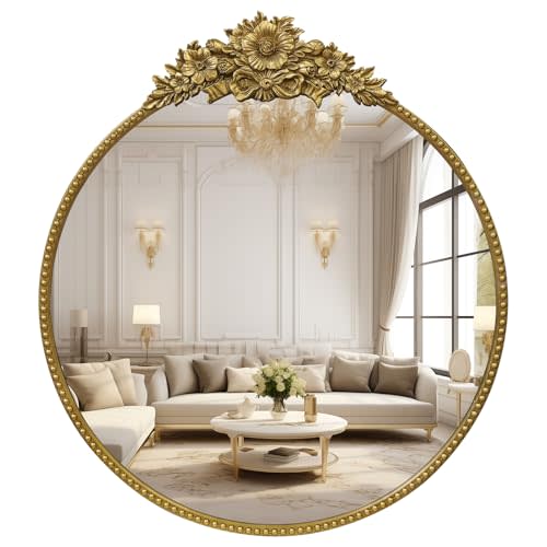 IPOUF Vintage Round Mirror, 28" Baroque Style Circular Mirror, Antique Metal Frame Wall Mirror, Traditional Art Home Decor for Dressing Table, Bathroom or Bedroom,Retro Gold