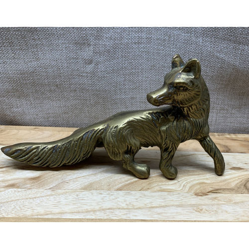 Vintage Solid Brass Fox Figurine Posed Looking Back w Patina - 8” x 4" Tall