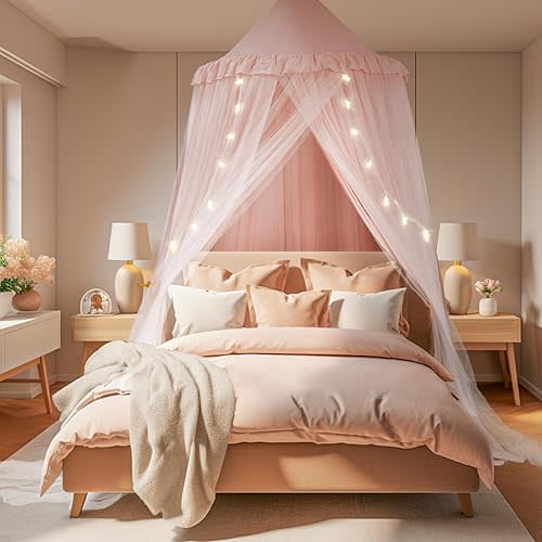 little dove Large Bed Canopy with Star Lights, Double Layer Canopy for Bed, Princess Play Tent for Girls Room, Breathable Bed Curtain for Children Reading Nook, Machine Washable, 40''x 106'', Pink