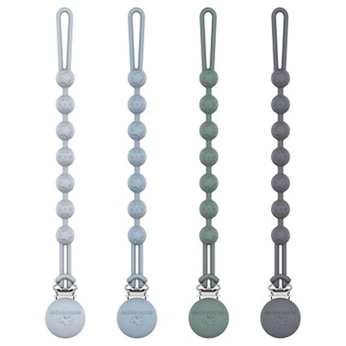 Cuddle Campus Silicone Pacifier Clip Holder with One Piece Design,Soft Flexible Binky Clips with Texture for Baby Boy and Girl Pack of 4 (6m+)