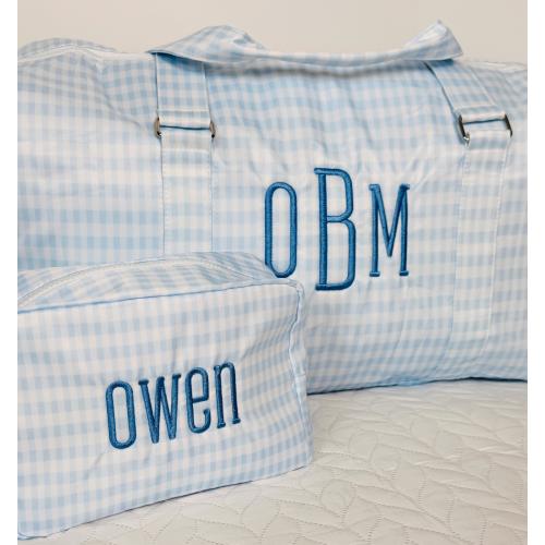 Monogram blue gingham toiletry and duffle bag travel set, embroidered with name for boys