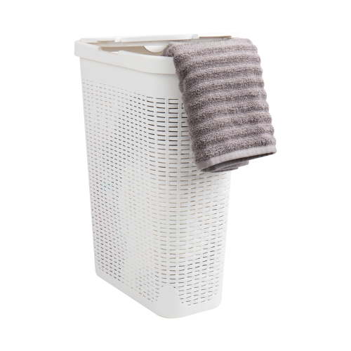 Mind Reader 40L Slim Laundry Hamper, Clothes Basket, Lid, Wicker Design, Plastic, 18"L x 10.4"W x 23.5"H, White