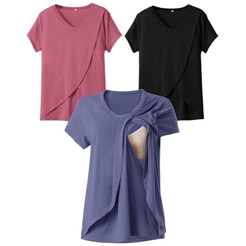 Rnxrbb V Neck Nursing Tops for Breastfeeding Tshirts Summer Postpartum Clothes Sets Short Sleeve 3 Pack Double Layer
