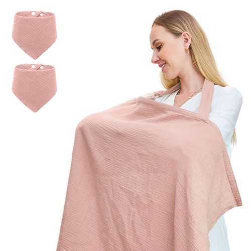 Nursing Cover for Baby Breastfeeding,Breathable Cover with Rigid Hoop for Mother Nursing Apron, Multi-use Adjustable Privacy Nursing Apron Cover,Include Two Baby Bibs,Light Pink