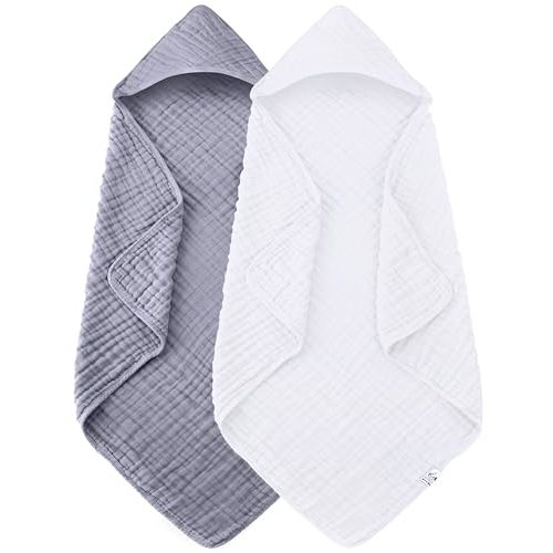 Spotted Play 2 Pack Hooded Baby Towels - 100% Muslin Cotton for Newborns, Infants, Toddlers - Large 32x32Inch Size - Highly Absorbent and Essential for Newborn Care, White and Grey
