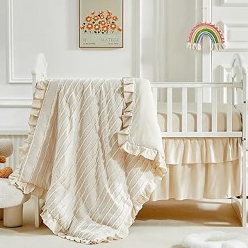 3 Pieces Tufted Stripes Crib Bedding Set with Ruffle Fringe, Beige Ruffled Comforter with Fitted Sheet and Bed Skirt, Soft and Embroidery Shabby Chic Boho Bohemian Jacquard Design for Baby Girls Boys