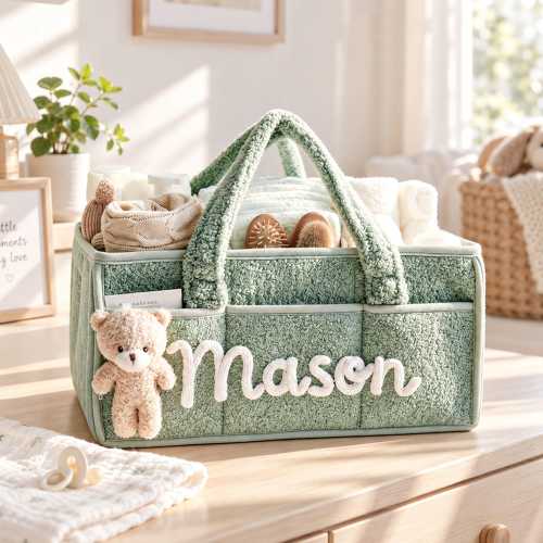 Personalized Plush Baby Storage Basket: Soft Bin Side Pockets, Custom Nursery Organizer with Bear