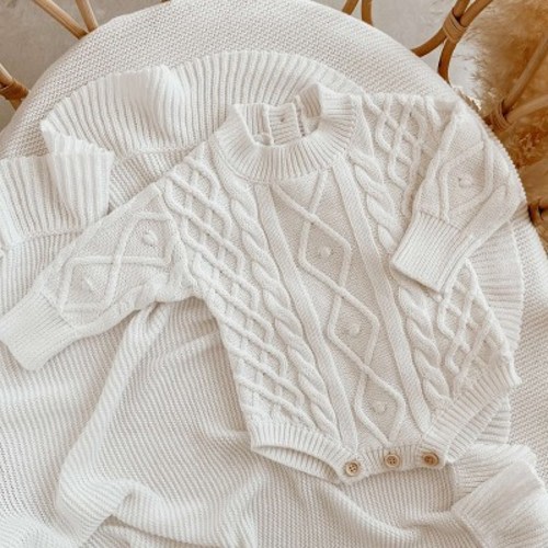 Cable Knit Long Sleeve Romper - Milk