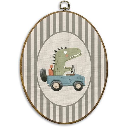 CUANFDDSF Dinosaur Nursery Oval Wall Art Decor, Kids Room Wall Hanging Decor, Neutral Striped Dinosaur Drive Car Framed Canvas Prints for Kids Toddler Boy Nursery Room Bedroom Playroom, 8.6x11.4 Inch