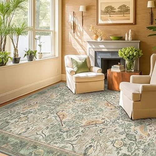 Washable Area Rugs 5x7 for Living Room - Boho Vintage Rugs for Bedroom, Dinning Room, Office with Vintage Sage Green Botanical & Bird Pattern, Non Slip Stain Resistant Low Pile