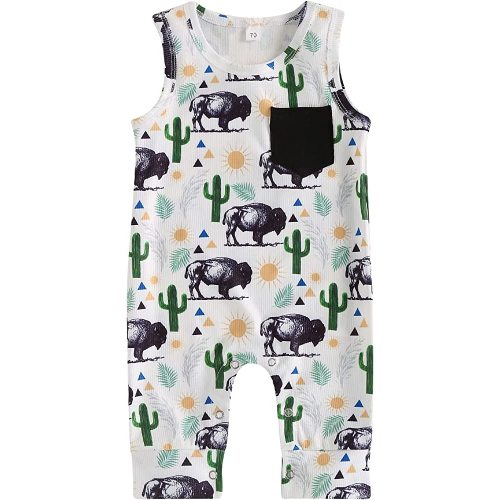 Muasaaluxi Western Baby Girl Boy Clothes Short Sleeve Cow Print Romper One Piece Bodysuit Shorts Summer Outfit