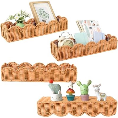 4 Set Nursery Book Shelves Scalloped Plastic Artificial Rattan Classroom Wall Shelf 15.8 Inch Wall Mounted Floating Bookshelve, Hanging Boho Wicker Woven Shelf for Bedroom Farmhouse Decor (4, Brown)