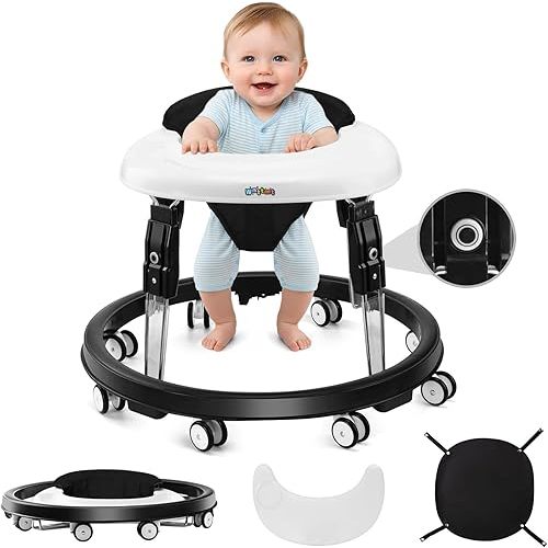 Baby Walker with Wheels, One-Touch Folding Portable Baby Walkers with Height Adjustment, Large Dinner Plate and Brake, Walker for Baby Boy Girls 6-18 Months, Black