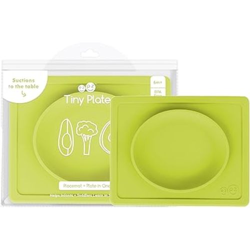 ezpz Tiny Plate - 6 Months+ (Lime) - Silicone Suction Plate for Baby with Built-in Placemat - Baby Led Weaning Supplies - Infant Plate that Fits on Most Highchair Trays
