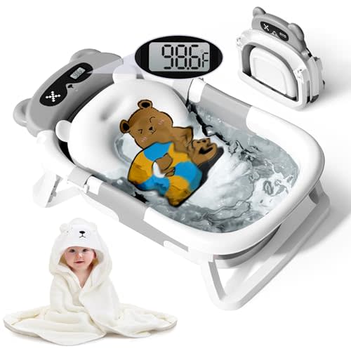 Kerbwry Collapsible Baby Bathtub for Newborn to Toddler (0-24 Months), Portable Baby Tub with Thermometer, Newborn Bathtub for Infants with Soft Towel and Floating Cushion (Gray)