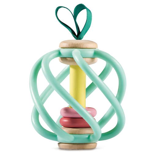 Hape: Apple Grab Toy - Green-Yellow-Red - Teether Baby Toy, Wooden Base, Soft Silicone Rings, Safe To Chew, Sensory, Newborn-Baby-Infants Ages 0mo+