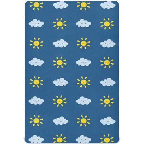 Cute Yellow Sun and Cloud Fitted Crib Sheets Stretchy Portable Playard Sheets for Baby Toddler, Breathable Soft Mini Crib Mattress 52 x 28 in for Boys and Girls