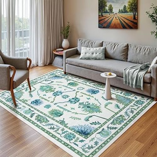 Uphome Washable 5x7 Modern Non-Slip Green Oushak Soft Nursery Traditional Oriental Floral Throw Rug for Bedroom, Living Room, Dining Room, Kids Playroom