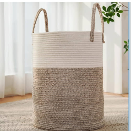 Large Woven Laundry Basket Hamper,60L Cotton Rope Storage Bin for Blankets,Toys and Clothes,Decorative Tall Nursery Hamper for Living Room,Baby Nursery,Bathroom and Bedroom,Brown