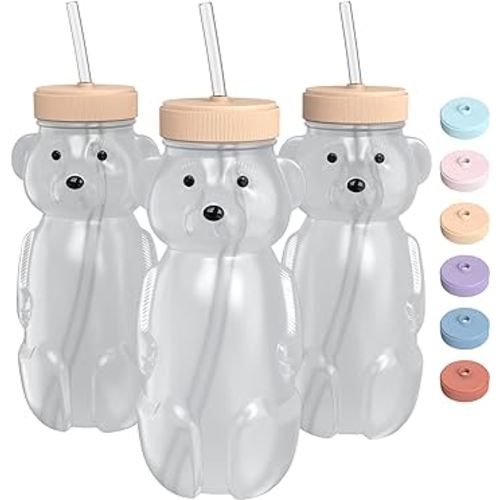 Honey Bear Straw Cup for Babies 3 pack; 8oz straw bear cup with improved safety lid design; honeybear baby cup straw; honey bear cup and honey bear bottle.Straw learning therapy cup(Creamsicle- PEACH)
