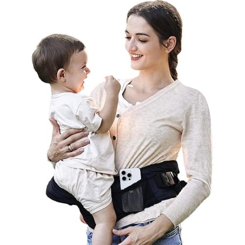 Baby Hip Seat Carrier, GROWNSY Ergonomic Hip Seat Baby Carrier with Multiple Pockets, Adjustable Extended Waistband for Newborns & Toddlers up to 50 lbs, Breathable Black for Summer