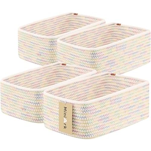 MiniArk Small Storage Baskets for Organizing | Closet Organizer Bins | Shelf Toy Basket | Woven Rope Baskets | Cube Decorative Box | Shallow Basket | 11.5x7.5x4.7” | 4 Packs Rainbow