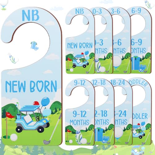 Baby Closet Dividers 8PCS, Golf Themed Wooden Double-Sided Clothes Size Hanger Organizer from Newborn to Toddler for Nursery Decor Baby Shower Birthday Gift Blue & Green