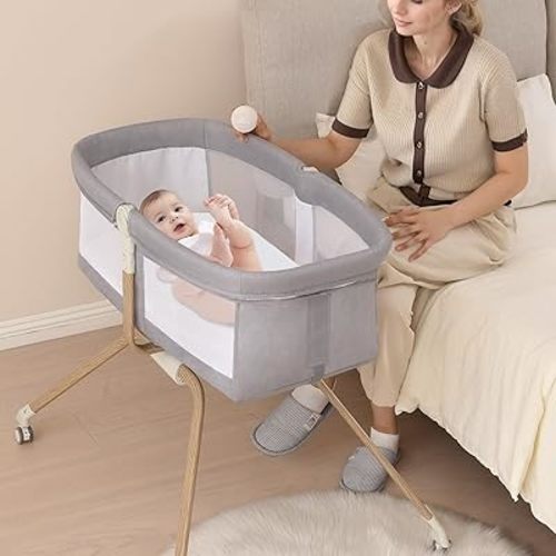 Bedside Crib, Quick Fold, Travel-Friendly, Breathable Mesh, Adjustable Angle（Grey）