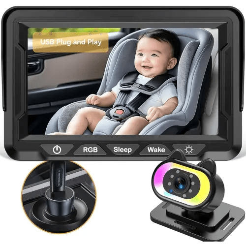 Baby Car Camera HD 1080P - 150° Wide Angle, Night Vision, Adjustable View, LED Lights, Easy Installation, Infant Safety, Rear Seat Monitoring for Car Travel