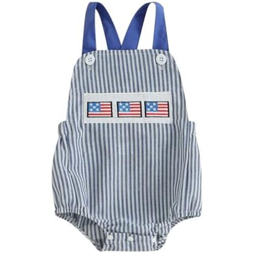 4th of July Baby Boy Outfit Newborn American Flag Onesie Stripe Print Sleeveless USA Bubble Romper Overalls
