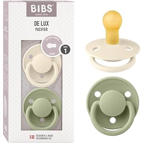 BIBS Pacifiers - De Lux Collection | BPA-Free Baby Pacifier | Made in Denmark | Set of 2 Ivory/Sage Color Premium Soothers | Size 0-6 Months