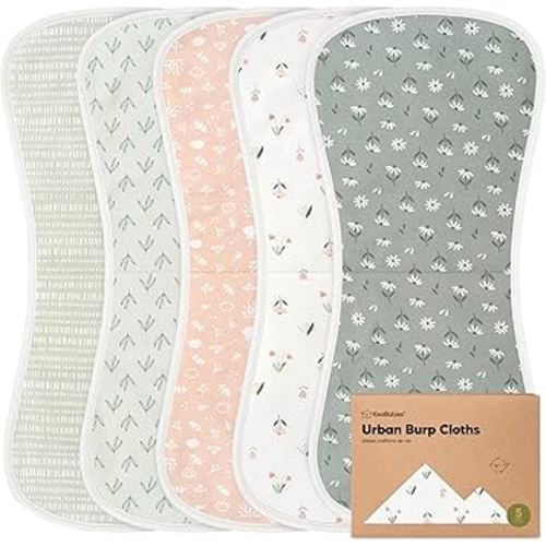 Organic Burp Cloths Baby Boy & Girl - 5-Pack Super Absorbent Cotton Burping Cloths for Babies, Soft & Plush Newborn Spit Up Rags, Infant Towels for Milk Spit Up, Unisex, Large 21" x 10" (Fleur)