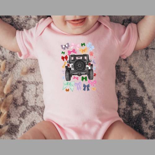 CUSTOM Newborn Girly Gift Pretty Bow Theme 4WD Off-road Gerber Baby Short Sleeve Onesie® You Pick 4x4 Truck Color Unique Baby Shower Present