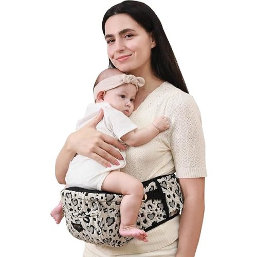 SUNVENO Baby Hip Carrier, CPC-Certified Ergonomic Carrier for 7-45lbs with Adjustable Extended Waistband, Non-Slip Hip Seat Surface for Newborns & Toddlers, All Seasons Infant Carrier, Leopard Print
