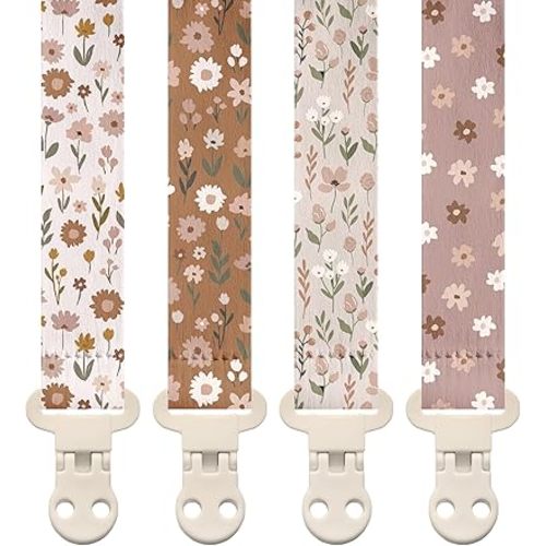 Stadela Baby Pacifier Clip Holder - Girl or Boy Unisex 4 Pack Gift Set – Boho Modern Neutral Floral Beige Yellow Brown Colors (Flora)