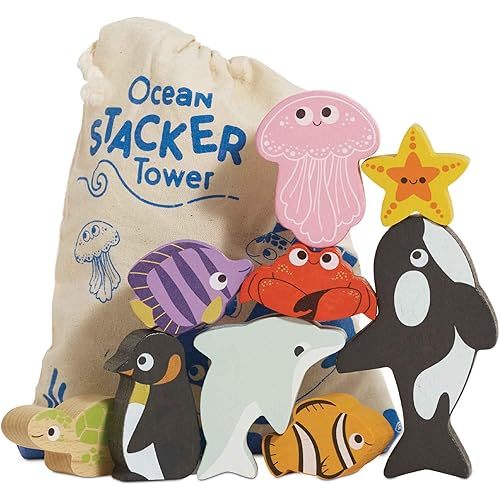 Le Toy Van - Wooden Toys - Petilou Baby & Toddler - Ocean Animal Building Blocks Stacker & Bag - Educational Balancing Activity Toy - Wooden Blocks Aquatic Animal Toys - Kids Toys Age 18 Months+