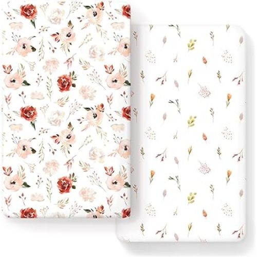 Stretch Ultra Soft Jersey Knit Fitted Crib Sheets Set 2 Pack, Fits All Standard Crib Mattress Pads Safe and Snug, Crib Fitted Sheet for Baby, Pretty Watercolor Rose Flora for Baby Girls, Orange Pink