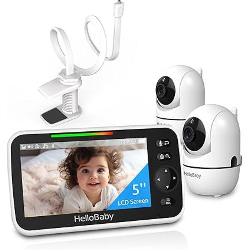 HelloBaby Clip Clamp Mount Baby Monitor with 2 Cameras, 5'' Screen, and 26-Hour Battery - No-WiFi Baby Monitor with Flexible Gooseneck Arm