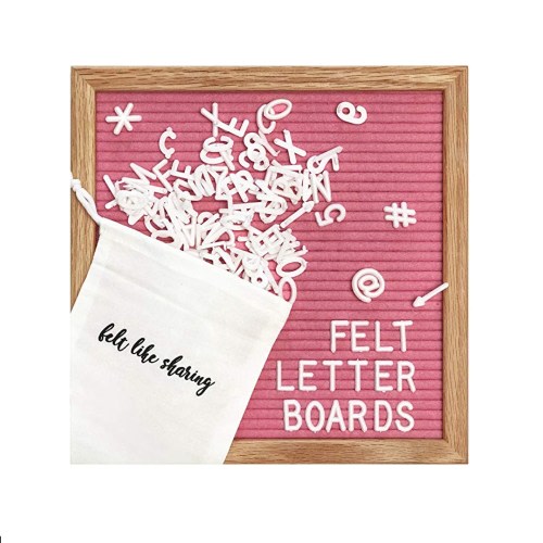 Hot Pink Handmade Felt Letter Board Set with Wood Oak Frame 10x10 inch - Comes with 300 3/4 Inch White Letters and Canvas Bag