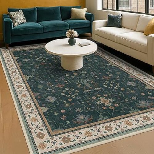 Vintage Dark Green 6x8 Dining Room Rugs for Under Kitchen Table - Washable Livinig Room Rug - Unique Floral Pastel Low Pile Non-Slip Area Rugs for Bedroom